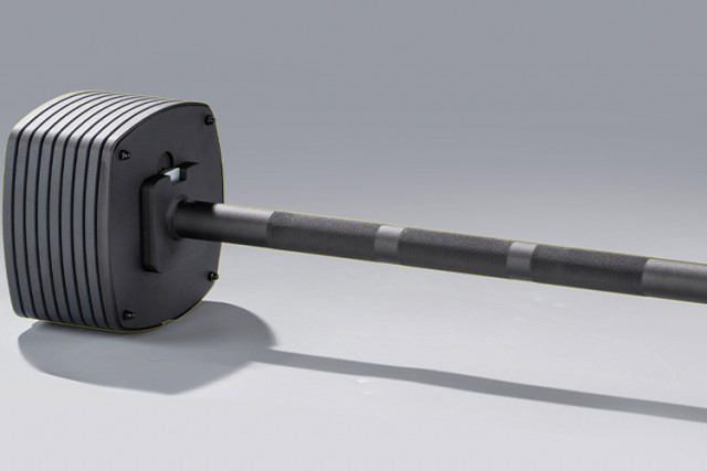 100lb black adjustable dumbbell grip handle with texture detail.