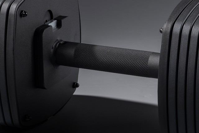 100lb black adjustable dumbbell grip handle with texture detail.
